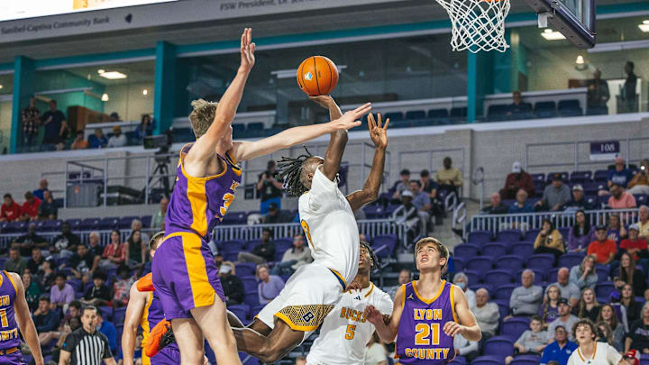 Buckhorn Bucks guard Caleb Holt (3) shoots a lay up against the Lyon County Lyons in the 50th annual City of Palms Classic Signature Series championship game at Suncoast Credit Union Arena in Fort Myers on Friday, Dec. 22, 2023.