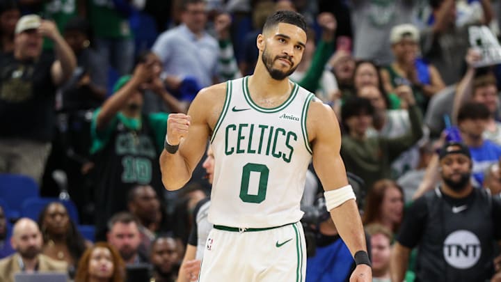 Apr 27, 2025; Orlando, Florida, USA; Boston Celtics forward Jayson Tatum (0) reacts after beating the Orlando Magic in game four of first round for the 2025 NBA Playoffs at Kia Center. Mandatory Credit: Nathan Ray Seebeck-Imagn Images