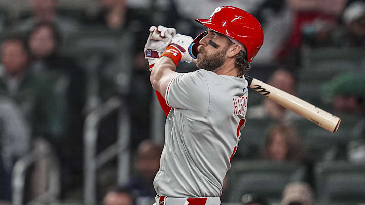Apr 9, 2025; Cumberland, Georgia, USA; Philadelphia Phillies first base Bryce Harper (3) hits a two run home run against the Atlanta Braves during the seventh inning at Truist Park. Dale Zanine-Imagn Images Apr 9, 2025; Cumberland, Georgia, USA; Philadelphia Phillies first base Bryce Harper (3) hits a two run home run against the Atlanta Braves during the seventh inning at Truist Park. Dale Zanine-Imagn Images