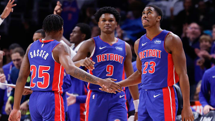 Oct 28, 2023; Detroit, Michigan, USA;  Detroit Pistons guard Jaden Ivey (23) celebrates with guard Marcus Sasser (25): Rick Osentoski-Imagn Images