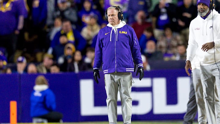 Nov 30, 2024; Baton Rouge, Louisiana, USA;  LSU Tigers head coach Brian Kelly looks on against the Oklahoma Sooners during the fourth quarter at Tiger Stadium. Mandatory Credit: Stephen Lew-Imagn Images