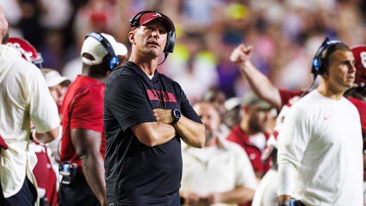 Nov 9, 2024; Baton Rouge, Louisiana, USA;  Alabama Crimson Tide head coach Kalen DeBoer looks on against the LSU Tigers during the second half at Tiger Stadium. Mandatory Credit: Stephen Lew-Imagn Images
