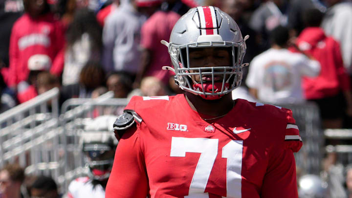 April 13, 2024; Columbus, Ohio, USA; 
Ohio State Buckeyes offensive tackle Josh Simmons (71) competes during the first half of the LifeSports spring football game at Ohio Stadium on Saturday.