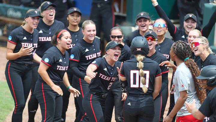 Texas Tech celebrates a Texas Tech infielder Jackie Lis (00) home run during game 3 of the super regional of the NCAA Division 1 softball championship at Katie Seashole Pressly Stadium in Gainesville, FL on Sunday, May 24, 2026. [Alan Youngblood/Gainesville Sun]