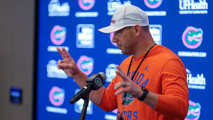 Florida head coach Jon Sumrall speaks after spring practice at Sanders Practice Fields in Gainesville, FL on Tuesday, March 31, 2026. [Alan Youngblood/Gainesville Sun]
