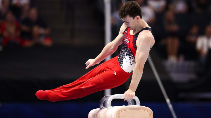 Stephen Nedoroscik competes on the pommel horse during the U.S. Olympic Team Gymnastics Trials at Target Center. Stephen Nedoroscik competes on the pommel horse during the U.S. Olympic Team Gymnastics Trials at Target Center.
