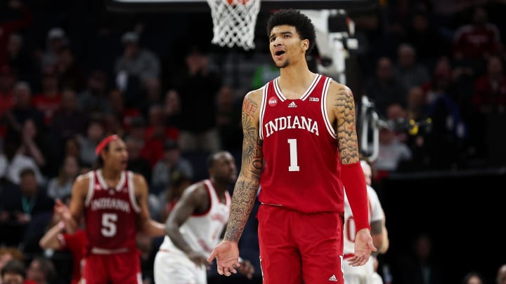 Mar 15, 2024; Minneapolis, MN, USA; Indiana Hoosiers center Kel'el Ware (1) reacts during the first half against the Nebraska Cornhuskers at Target Center. Mandatory Credit: Matt Krohn-USA TODAY Sports