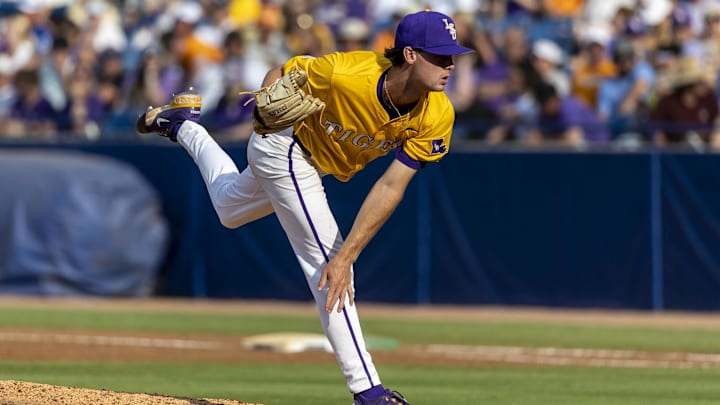LSU pitcher Kade Anderson throws during the SEC Championship game against Tennessee on May 26 at Hoover Metropolitan Stadium.