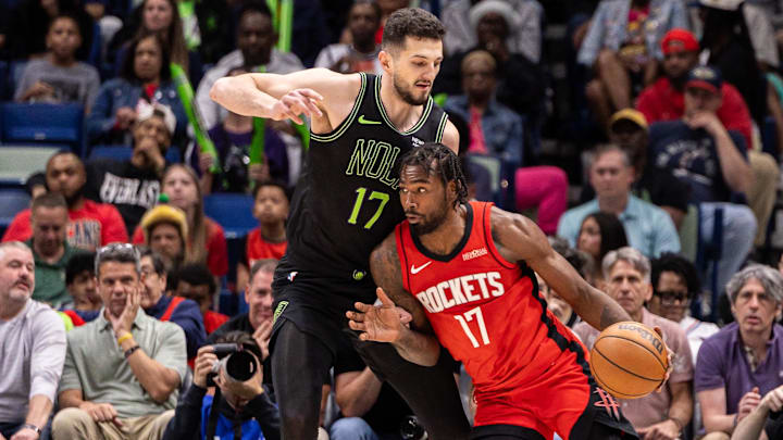 Mar 29, 2026; New Orleans, Louisiana, USA; New Orleans Pelicans forward/center Karlo Matković (17) guards Houston Rockets forward Tari Eason (17) during the first half at Smoothie King Center. Mandatory Credit: Stephen Lew-Imagn Images Mar 29, 2026; New Orleans, Louisiana, USA; New Orleans Pelicans forward/center Karlo Matković (17) guards Houston Rockets forward Tari Eason (17) during the first half at Smoothie King Center. Mandatory Credit: Stephen Lew-Imagn Images