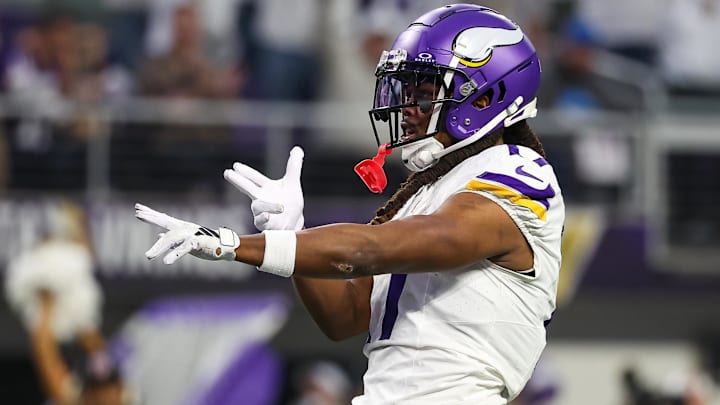 Dec 24, 2023; Minneapolis, Minnesota, USA; Minnesota Vikings wide receiver K.J. Osborn (17) celebrates his pass against the Detroit Lions during the third quarter at U.S. Bank Stadium.