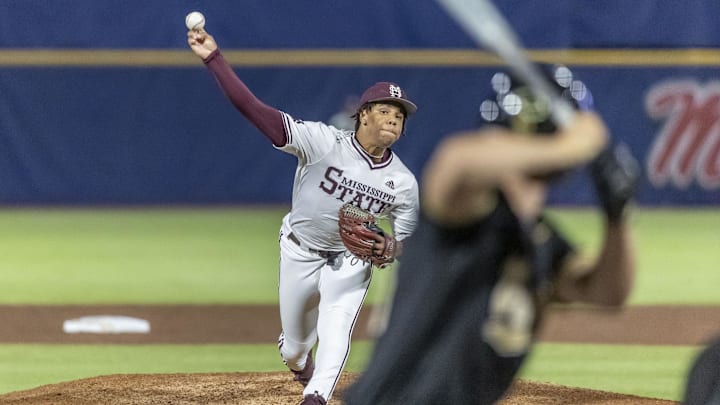 Mississippi State pitcher Jurrangelo Cijntje throws during an SEC Tournament game against Vanderbilt on May 23, 2024, at Hoover Metropolitan Stadium.
