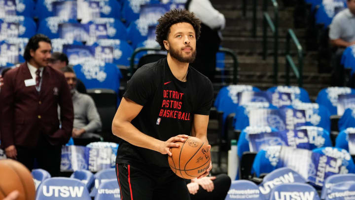 Apr 12, 2024; Dallas, Texas, USA; Detroit Pistons guard Cade Cunningham (2) warms up before the game against the Dallas Mavericks at American Airlines Center. Mandatory Credit: Chris Jones-USA TODAY Sports