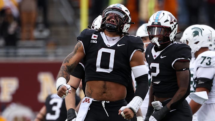Nov 1, 2025; Minneapolis, Minnesota, USA; Minnesota Golden Gophers defensive lineman Anthony Smith (0) celebrates during the first half against the Michigan State Spartans at Huntington Bank Stadium. Mandatory Credit: Matt Krohn-Imagn Images