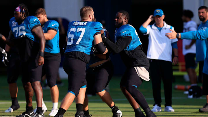 Jacksonville Jaguars offensive tackle Cam Robinson (74), right, drills with offensive tackle.