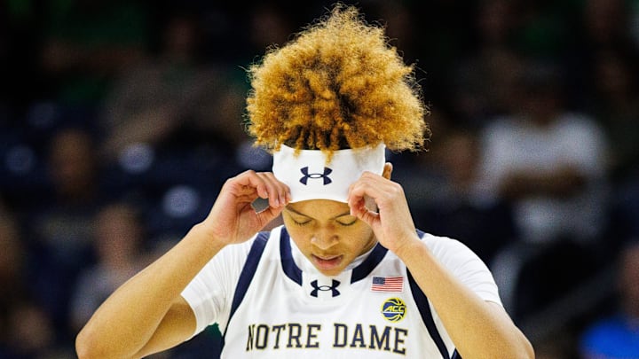 Notre Dame guard Hannah Hidalgo adjusts her headband during an exhibition game against Davenport on Wednesday, Oct. 30, 2024, at Purcell Pavilion in South Bend. Notre Dame won 101-41.