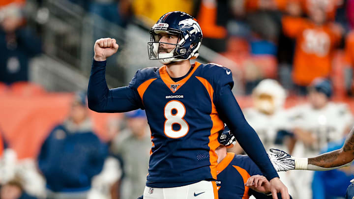 Dec 1, 2019; Denver, CO, USA; Denver Broncos kicker Brandon McManus (8) celebrates after kicking. Dec 1, 2019; Denver, CO, USA; Denver Broncos kicker Brandon McManus (8) celebrates after kicking.