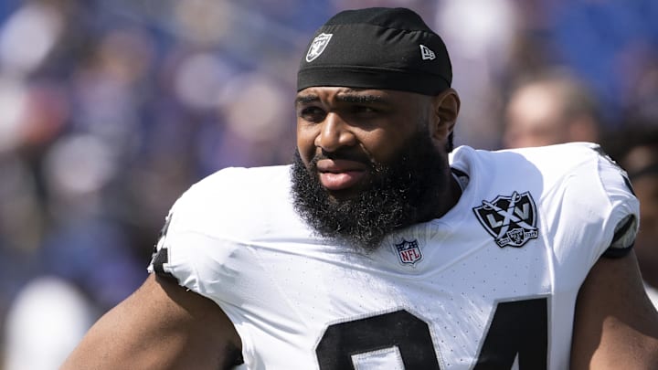 Sep 15, 2024; Baltimore, Maryland, USA;  Las Vegas Raiders defensive tackle Christian Wilkins (94) before the game against the Baltimore Ravens at M&T Bank Stadium. Mandatory Credit: Tommy Gilligan-Imagn Images