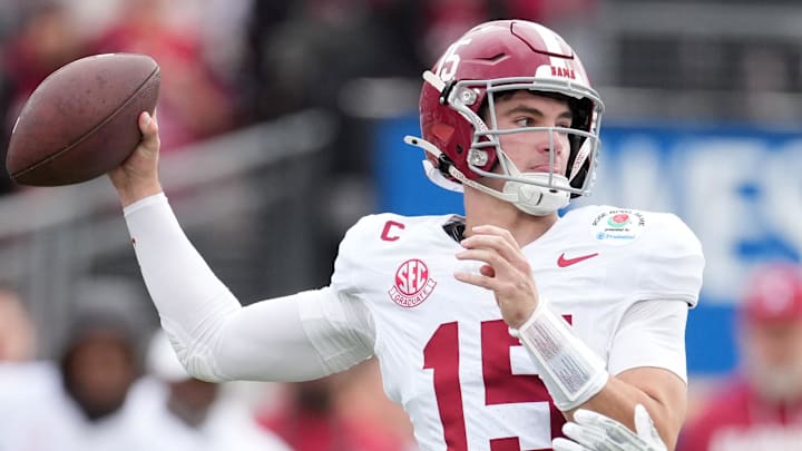 Jan 1, 2026; Pasadena, CA, USA; Alabama Crimson Tide quarterback Ty Simpson (15) passes against the Indiana Hoosiers in the first half of the 2026 Rose Bowl and quarterfinal game of the College Football Playoff at Rose Bowl Stadium. Mandatory Credit: Kirby Lee-Imagn Images