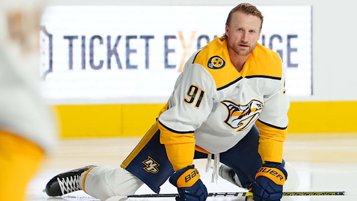 Dec 31, 2025; Las Vegas, Nevada, USA; Nashville Predators center Steven Stamkos (91) warms up before the start of a game against the Vegas Golden Knights at T-Mobile Arena. Mandatory Credit: Stephen R. Sylvanie-Imagn Images