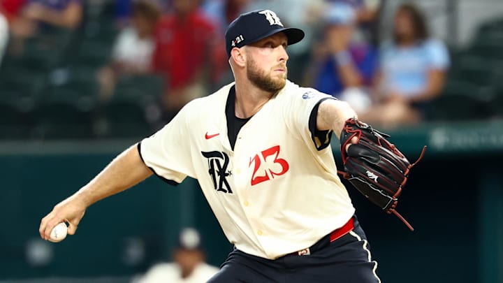 Aug 8, 2025; Arlington, Texas, USA; Texas Rangers starting pitcher Merrill Kelly (23) throws during the first inning against the Philadelphia Phillies at Globe Life Field. Mandatory Credit: Kevin Jairaj-Imagn Images Aug 8, 2025; Arlington, Texas, USA; Texas Rangers starting pitcher Merrill Kelly (23) throws during the first inning against the Philadelphia Phillies at Globe Life Field. Mandatory Credit: Kevin Jairaj-Imagn Images