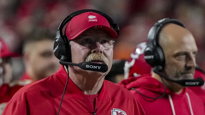 Dec 25, 2025; Kansas City, Missouri, USA; Kansas City Chiefs coach Andy Reid during the second quarter at GEHA Field at Arrowhead Stadium. Mandatory Credit: Denny Medley-Imagn Images