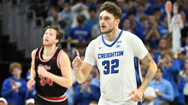 Nov 5, 2025; Omaha, Nebraska, USA; Creighton Bluejays forward Owen Freeman (32) signals after scoring against the South Dakota Coyotes during the first half at CHI Health Center Omaha. Mandatory Credit: Steven Branscombe-Imagn Images Nov 5, 2025; Omaha, Nebraska, USA; Creighton Bluejays forward Owen Freeman (32) signals after scoring against the South Dakota Coyotes during the first half at CHI Health Center Omaha. Mandatory Credit: Steven Branscombe-Imagn Images