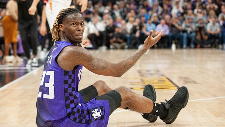 Apr 12, 2024; Sacramento, California, USA; Sacramento Kings guard Keon Ellis (23) reacts to a non call during the fourth quarter at Golden 1 Center. Mandatory Credit: Ed Szczepanski-USA TODAY Sports