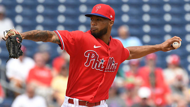 Philadelphia Phillies pitcher Christopher Sanchez (61) throws a pitch in the first inning of the game against the Toronto Blue Jays during spring training at BayCare Ballpark. 