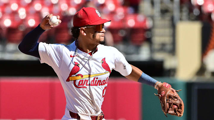 Aug 28, 2025; St. Louis, Missouri, USA; St. Louis Cardinals shortstop Masyn Winn (0) throws to first base in a game against the Pittsburgh Pirates at Busch Stadium. Mandatory Credit: Tim Vizer-Imagn Images