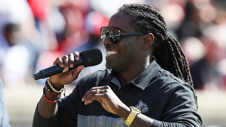 Deion Branch was on hand to entertain the crowd during practice at Cardinal Stadium on Sunday, April 3, 2021 Deion Branch was on hand to entertain the crowd during practice at Cardinal Stadium on Sunday, April 3, 2021