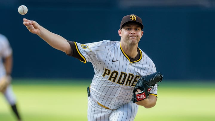 Aug 9, 2025; San Diego, California, USA; San Diego Padres starting pitcher Michael King (34) throws a pitch during the first inning against the Boston Red Sox at Petco Park. Mandatory Credit: David Frerker-Imagn Images