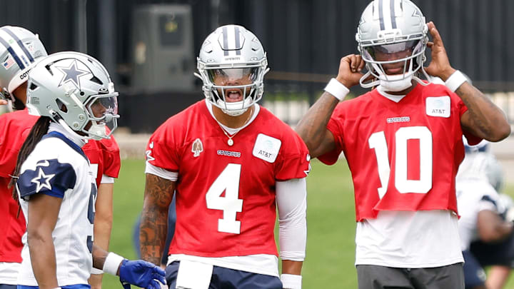 Dallas Cowboys quarterback Dak Prescott reacts during a practice drill at the Ford Center at the Star. Dallas Cowboys quarterback Dak Prescott reacts during a practice drill at the Ford Center at the Star.