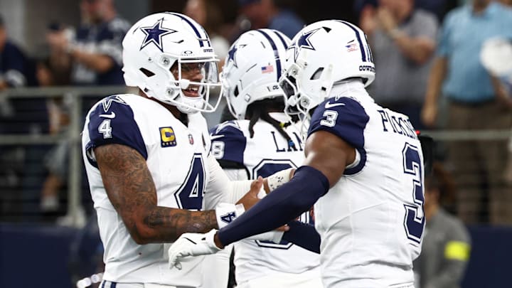 Oct 19, 2025; Arlington, Texas, USA; Dallas Cowboys quarterback Dak Prescott (4) and wide receiver George Pickens (3) ceelbrate after a touchdown against the Washington Commanders during the third quarter of the game at AT&T Stadium. Mandatory Credit: Kevin Jairaj-Imagn Images Oct 19, 2025; Arlington, Texas, USA; Dallas Cowboys quarterback Dak Prescott (4) and wide receiver George Pickens (3) ceelbrate after a touchdown against the Washington Commanders during the third quarter of the game at AT&T Stadium. Mandatory Credit: Kevin Jairaj-Imagn Images