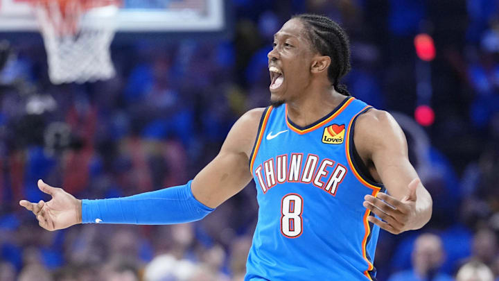 Jun 22, 2025; Oklahoma City, Oklahoma, USA; Oklahoma City Thunder forward Jalen Williams (8) reacts after a play against the Indiana Pacers during the second half of game seven of the 2025 NBA Finals at Paycom Center.