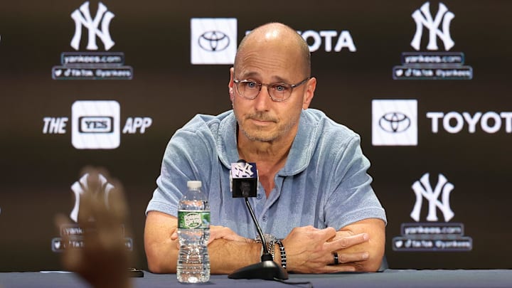 Aug 23, 2023; Bronx, New York, USA; New York Yankees general manager Brian Cashman talks with the media before the game between the Yankees and the Washington Nationals at Yankee Stadium. Mandatory Credit: Vincent Carchietta-Imagn Images Aug 23, 2023; Bronx, New York, USA; New York Yankees general manager Brian Cashman talks with the media before the game between the Yankees and the Washington Nationals at Yankee Stadium. Mandatory Credit: Vincent Carchietta-Imagn Images