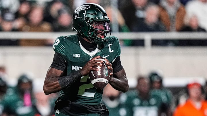 Michigan State quarterback Aidan Chiles (2) looks to pass against Michigan during the first half at Spartan Stadium in East Lansing on Saturday, October 25, 2025.