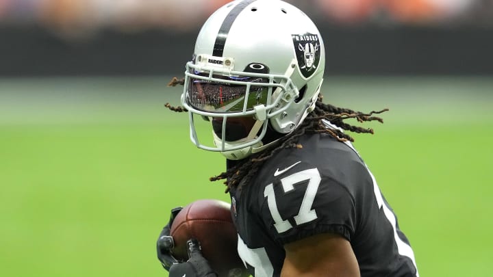 Oct 2, 2022; Paradise, Nevada, USA; Las Vegas Raiders wide receiver Davante Adams (17) gains yardage