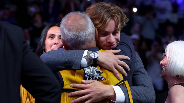 Jun 26, 2026; Buffalo, New York, USA; Gavin McKenna reacts after being selected with the first pick in the first round of the 2026 NHL Draft by the Toronto Maple Leafs at KeyBank Center. Mandatory Credit: Timothy T. Ludwig-Imagn Images
