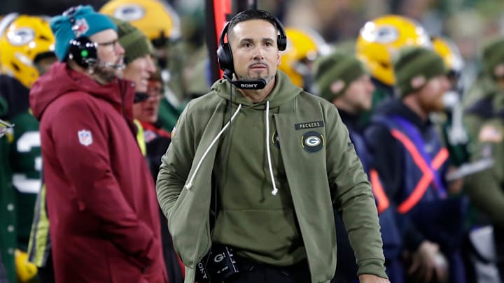 Green Bay Packers coach Matt LaFleur works the sidelines in the fourth quarter against the Philadelphia Eagles during their football game Monday, November 10, 2025, at Lambeau Field in Green Bay, Wisconsin.