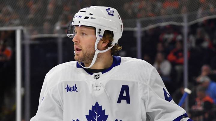 Mar 19, 2024; Philadelphia, Pennsylvania, USA; Toronto Maple Leafs defenseman Morgan Rielly (44) against the Philadelphia Flyers at Wells Fargo Center. Mandatory Credit: Eric Hartline-USA TODAY Sports