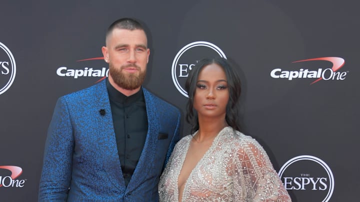 Jul 18, 2018; Los Angeles, CA, USA; Kansas City Chiefs tight end Travis Kelce and Kayla Nicole arrive for the 2018 ESPYS at Microsoft Theatre. 