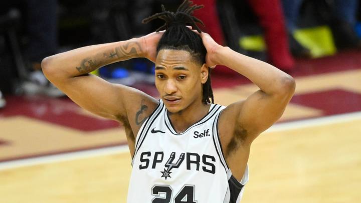 Jan 7, 2024; Cleveland, Ohio, USA; San Antonio Spurs guard Devin Vassell (24) reacts in the fourth quarter against the Cleveland Cavaliers at Rocket Mortgage FieldHouse. Mandatory Credit: David Richard-USA TODAY Sports Jan 7, 2024; Cleveland, Ohio, USA; San Antonio Spurs guard Devin Vassell (24) reacts in the fourth quarter against the Cleveland Cavaliers at Rocket Mortgage FieldHouse. Mandatory Credit: David Richard-USA TODAY Sports