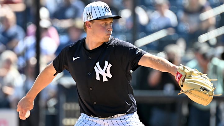Feb 26, 2025; Tampa, Florida, USA; New York Yankees starting pitcher Will Warren (98) throws a pitch in the first inning against the St. Louis Cardinals during spring training at George M. Steinbrenner Field.