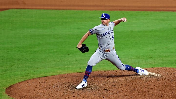 Jul 15, 2025; Cumberland, Georgia, USA; American League pitcher Kris Bubic (50) of the Kansas City Royals during the sixth inning during the 2025 MLB All Star Game at Truist Park. Mandatory Credit: Jordan Godfree-Imagn Images Jul 15, 2025; Cumberland, Georgia, USA; American League pitcher Kris Bubic (50) of the Kansas City Royals during the sixth inning during the 2025 MLB All Star Game at Truist Park. Mandatory Credit: Jordan Godfree-Imagn Images