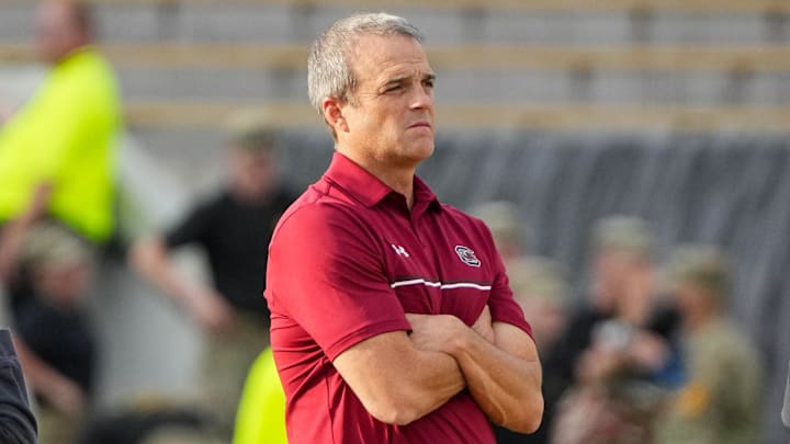Sep 20, 2025; Columbia, Missouri, USA; South Carolina Gamecocks head coach Shane Beamer watches warm ups against the Missouri Tigers prior to a game at Faurot Field at Memorial Stadium. Mandatory Credit: Denny Medley-Imagn Images