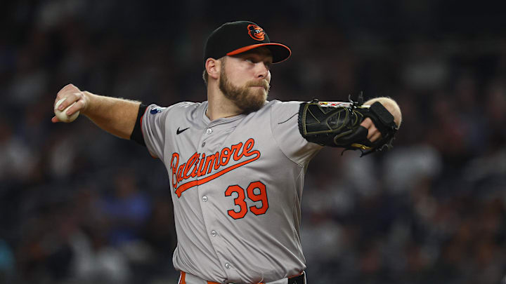 Sep 26, 2024; Bronx, New York, USA; Baltimore Orioles starting pitcher Corbin Burnes (39) delivers a pitch during the first inning against the New York Yankees at Yankee Stadium. Sep 26, 2024; Bronx, New York, USA; Baltimore Orioles starting pitcher Corbin Burnes (39) delivers a pitch during the first inning against the New York Yankees at Yankee Stadium.