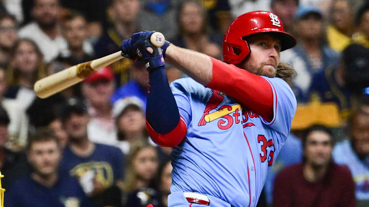 Sep 13, 2025; Milwaukee, Wisconsin, USA; St. Louis Cardinals second baseman Brendan Donovan (33) hits a solo home run against the Milwaukee Brewers in the third inning at American Family Field. Mandatory Credit: Benny Sieu-Imagn Images Sep 13, 2025; Milwaukee, Wisconsin, USA; St. Louis Cardinals second baseman Brendan Donovan (33) hits a solo home run against the Milwaukee Brewers in the third inning at American Family Field. Mandatory Credit: Benny Sieu-Imagn Images