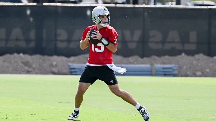 Jun 3, 2026; Henderson, NV, USA; Las Vegas Raiders quarterback Fernando Mendoza (15) runs a drill during organized team activities at Intermountain Health Performance Center. Mandatory Credit: Candice Ward-Imagn Images Jun 3, 2026; Henderson, NV, USA; Las Vegas Raiders quarterback Fernando Mendoza (15) runs a drill during organized team activities at Intermountain Health Performance Center. Mandatory Credit: Candice Ward-Imagn Images
