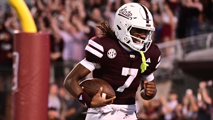Aug 31, 2024; Starkville, Mississippi, USA;Mississippi State Bulldogs wide receiver Mario Craver (7) reacts after recovering a blocked punt for a touchdown against the Eastern Kentucky Colonels during the fourth quarter at Davis Wade Stadium at Scott Field. Mandatory Credit: Matt Bush-Imagn Images