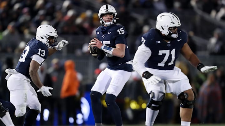 Penn State Nittany Lions quarterback Drew Allar (15) drops back to throw a pass against the Maryland Terrapins during the second quarter at Beaver Stadium.